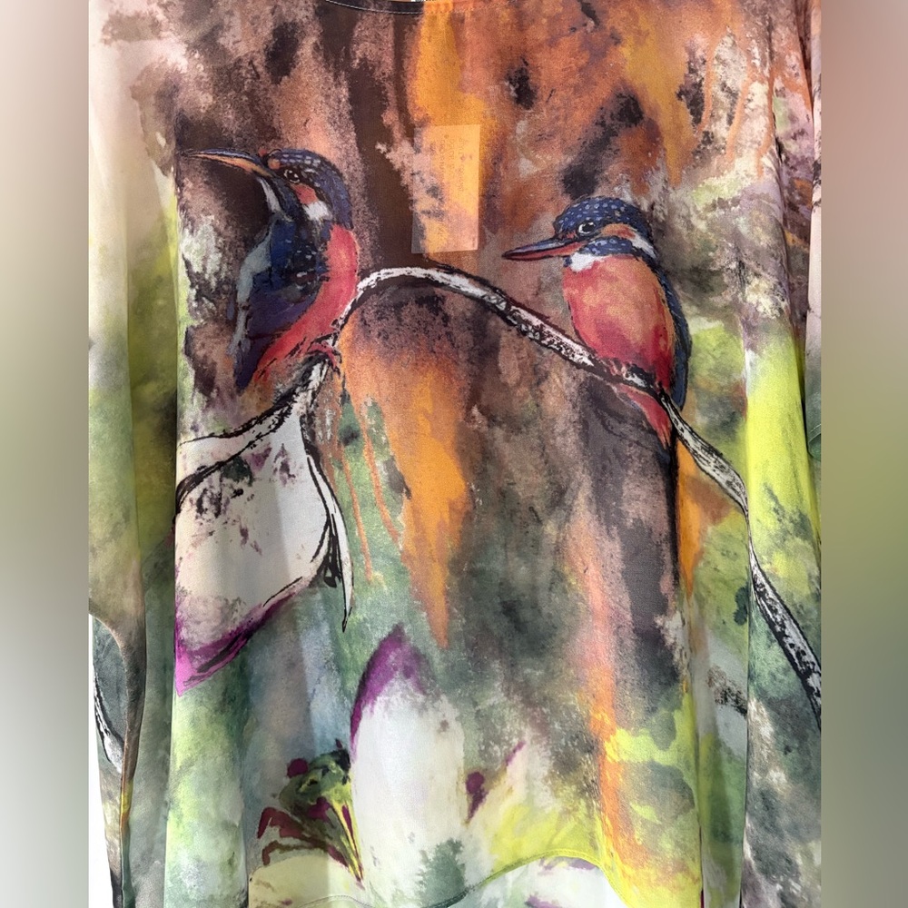 NWT Women's Peck & Peck Sheer Top Art to Wear Birds Floral Flowy Popover  Size S - Picture 3 of 10